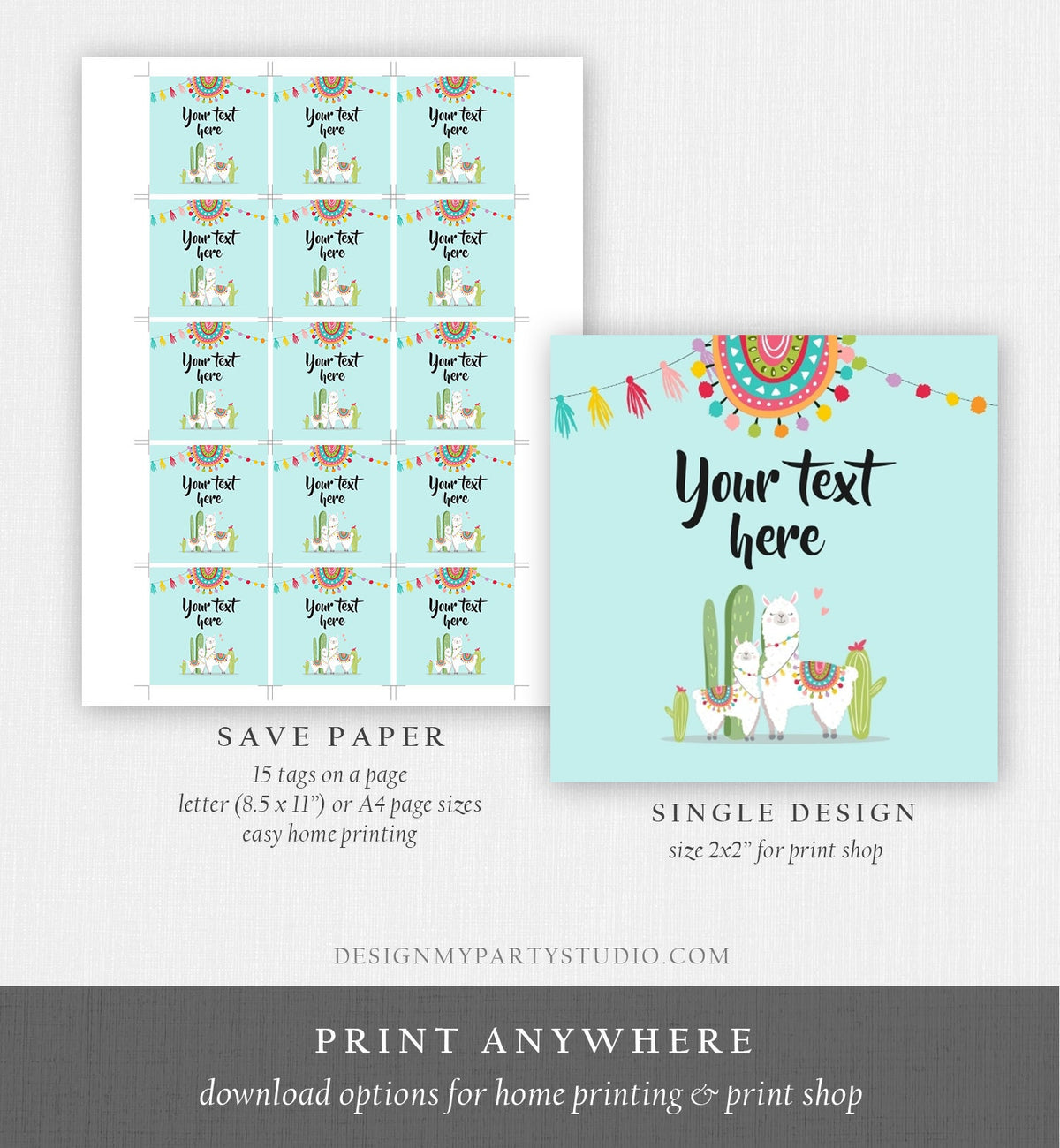 Editable Llama Thank You Favor Tag Baby Shower Stickers Fiesta Cactus Alpaca Mexican Round Square Blue Boy Digital Template Printable 0079