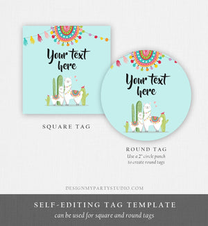 Editable Llama Thank You Favor Tags Baby Shower Stickers Fiesta Cactus Alpaca Mexican Round Square Label Blue Boy Corjl Template 0079