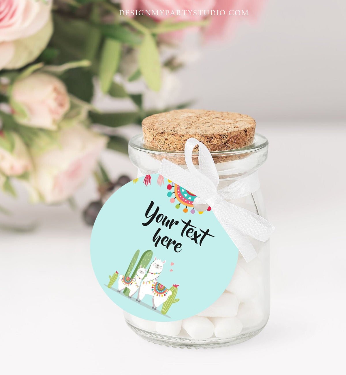 Editable Llama Thank You Favor Tag Baby Shower Stickers Fiesta Cactus Alpaca Mexican Round Square Blue Boy Digital Template Printable 0079