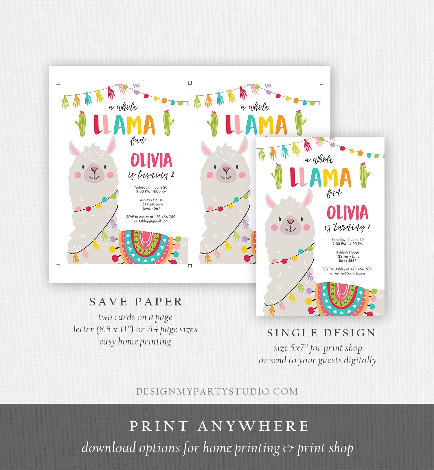 Editable Whole Llama Fun Birthday Invitation Fiesta Mexican Cactus White Boy Girl Alpaca Digital Download Evite Template Printable 0079