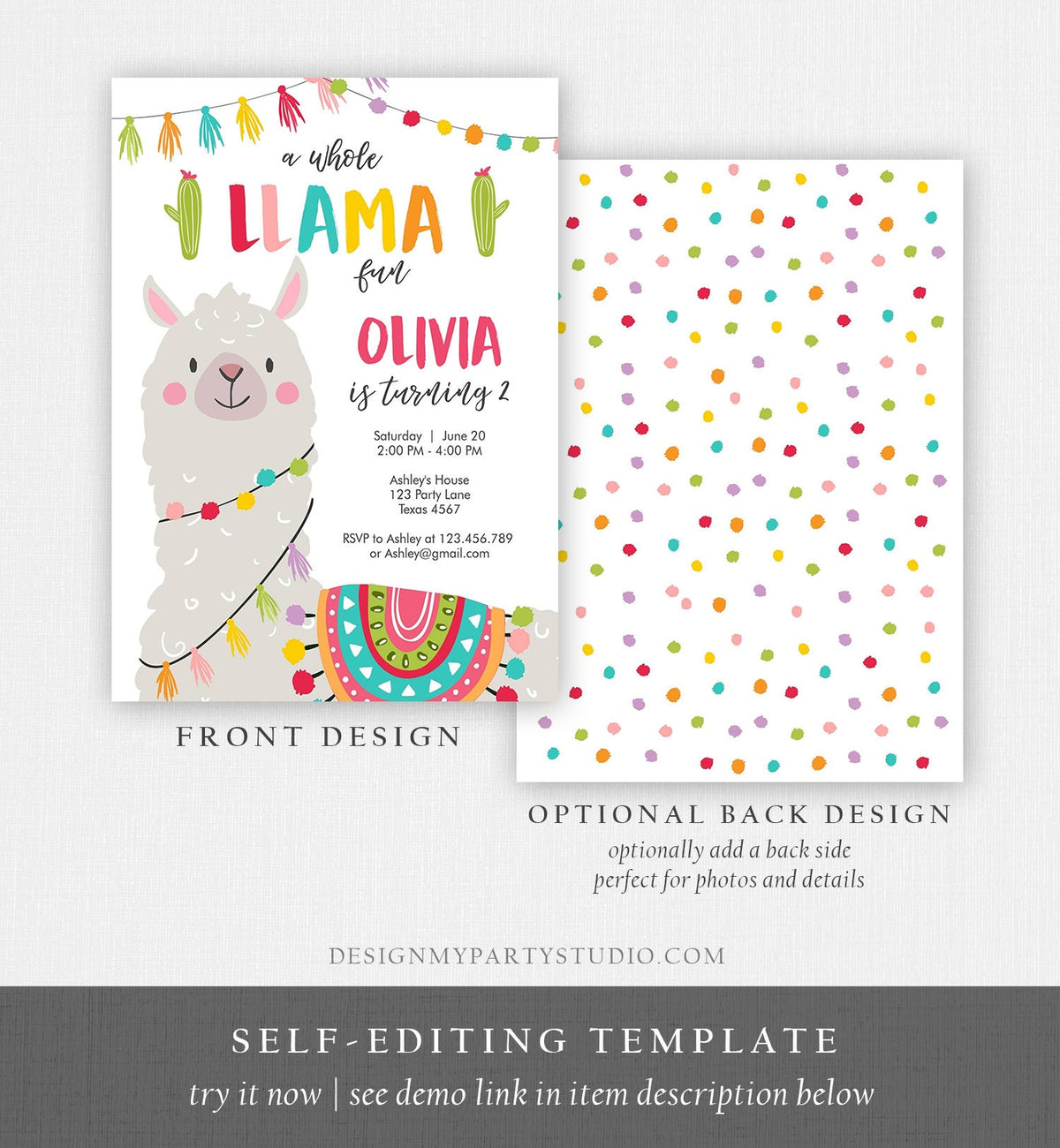 Editable Whole Llama Fun Birthday Invitation Fiesta Mexican Cactus White Boy Girl Alpaca Digital Download Evite Template Printable 0079