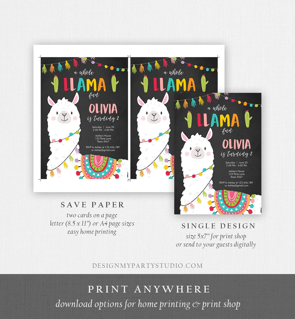 Editable Whole Llama Fun Birthday Invitation Fiesta Mexican Cactus Chalk Boy Girl Alpaca Instant Download Corjl Template Printable 0079