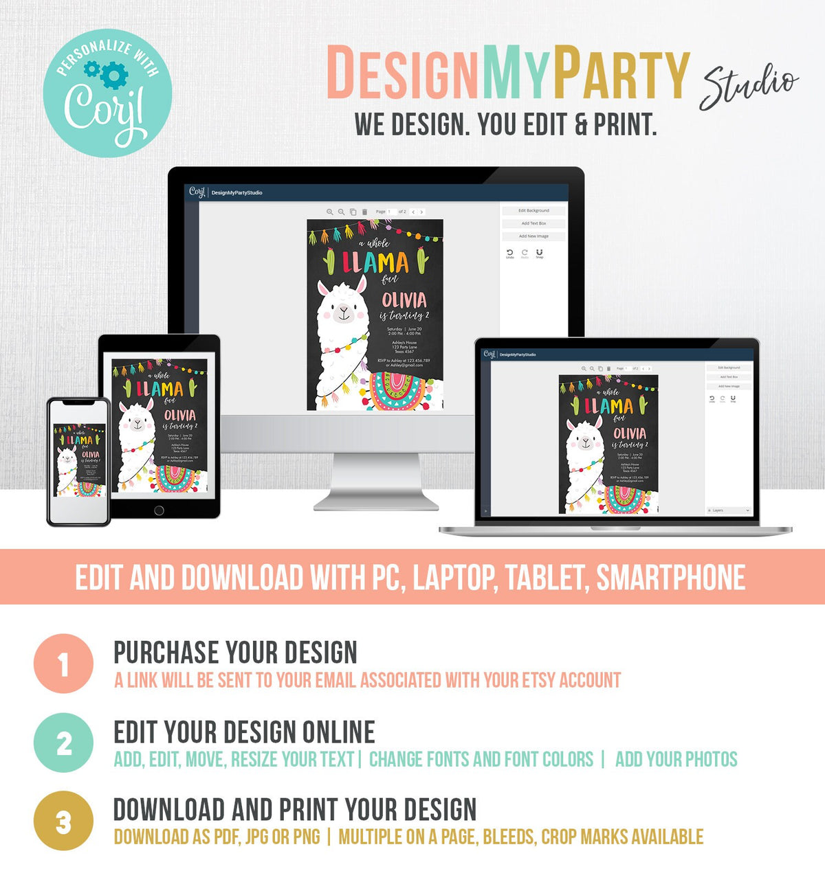 Editable Whole Llama Fun Birthday Invitation Fiesta Mexican Cactus Chalk Boy Girl Alpaca Instant Download Corjl Template Printable 0079