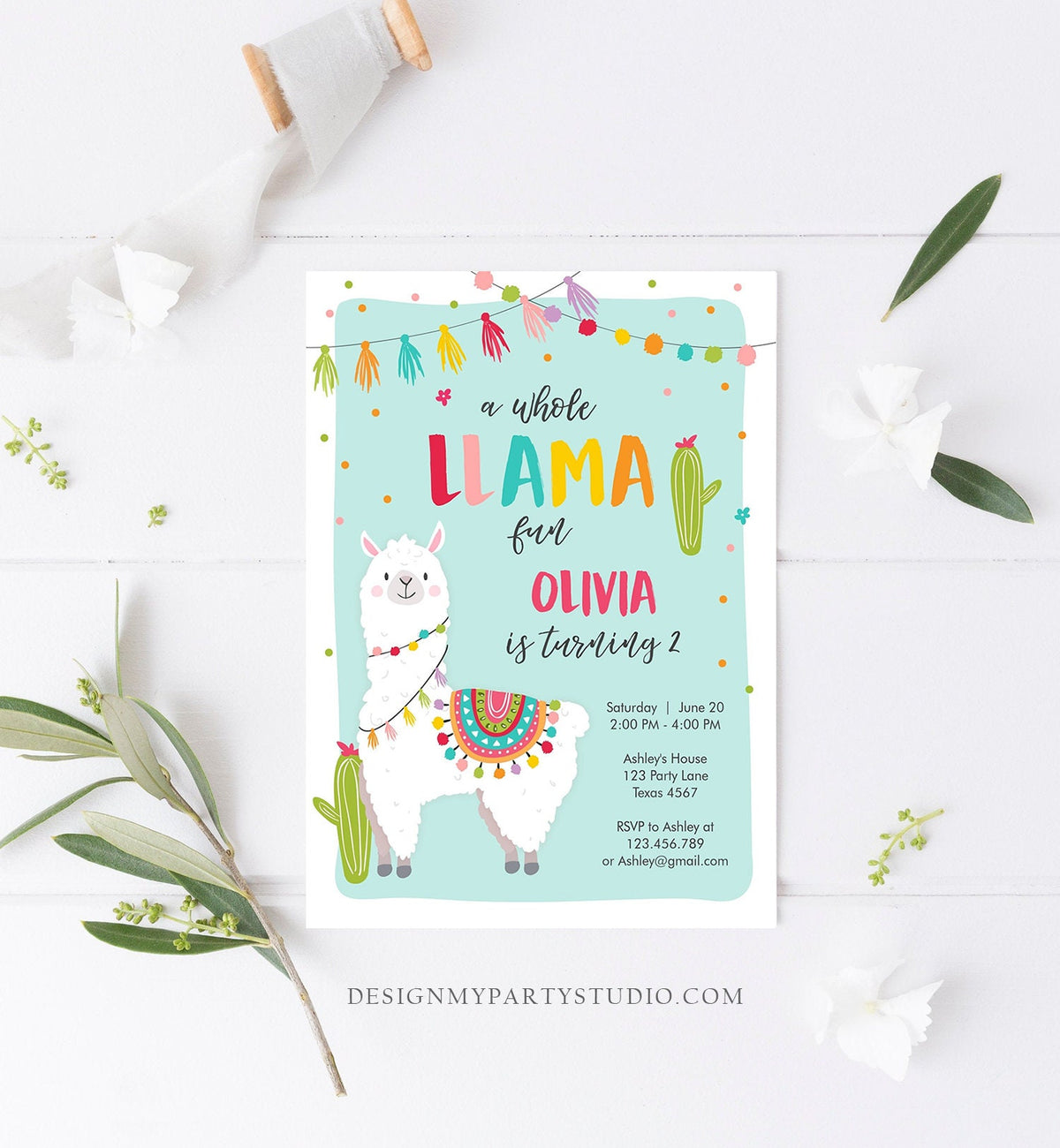 Editable Whole Llama Fun Birthday Invitation Fiesta Mexican Cactus Alpaca Girl Blue Party Digital Download Evite Template Printable 0079