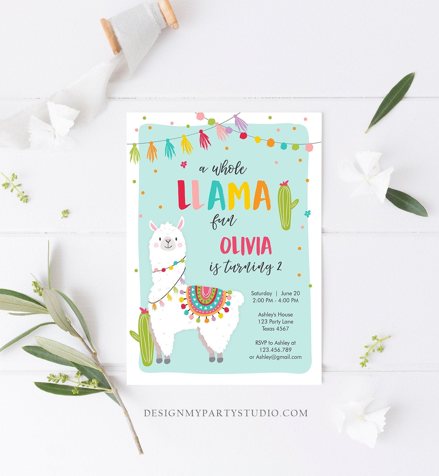 Editable Whole Llama Fun Birthday Invitation Fiesta Mexican Cactus Alpaca Girl Blue Party Digital Download Evite Template Printable 0079