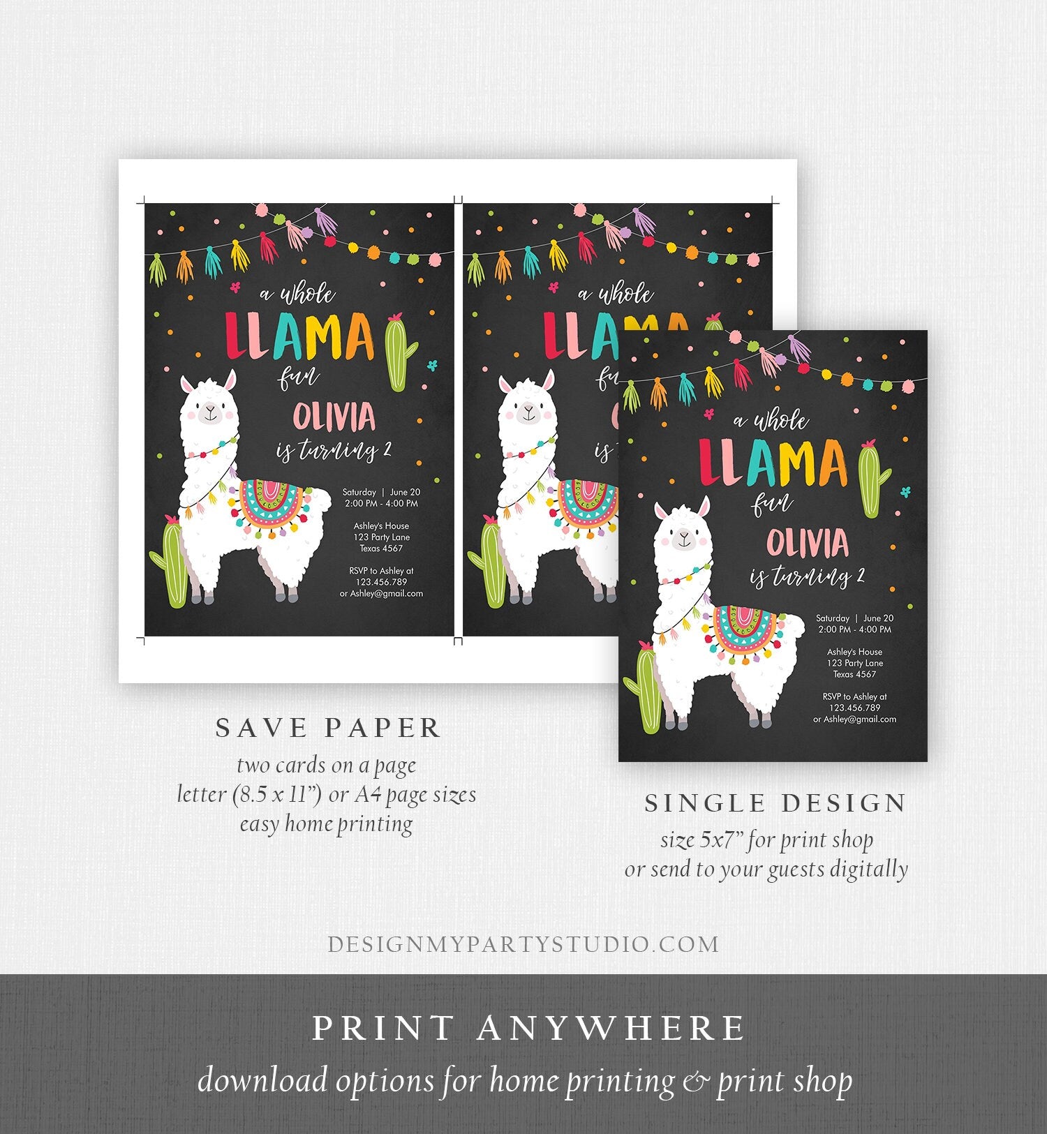 Editable Whole Llama Fun Birthday Invitation Fiesta Mexican Cactus Alpaca Girl Pink Chalk Instant Download Printable Corjl Template 0079