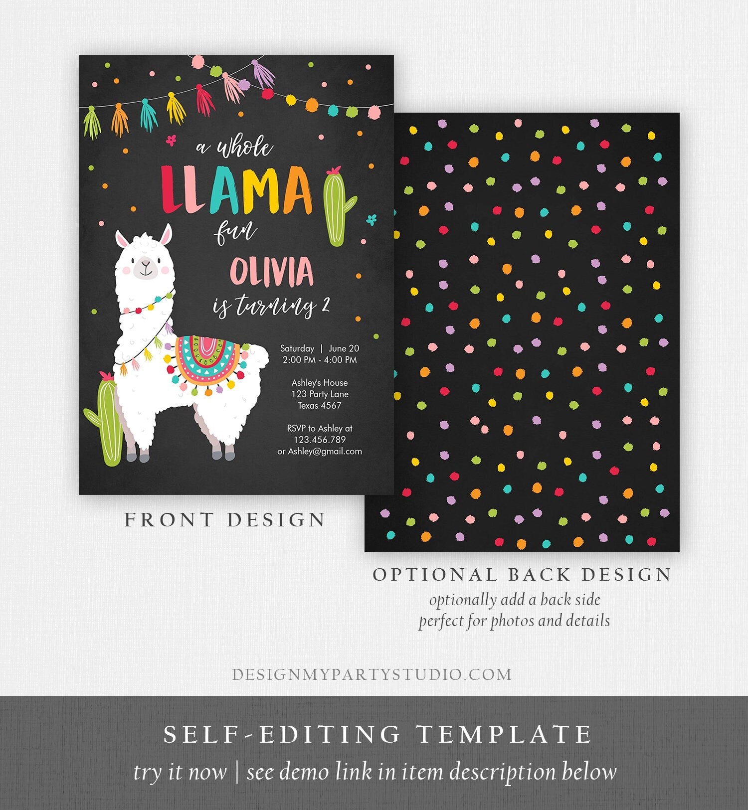 Editable Whole Llama Fun Birthday Invitation Fiesta Mexican Cactus Alpaca Girl Pink Chalk Instant Download Printable Corjl Template 0079