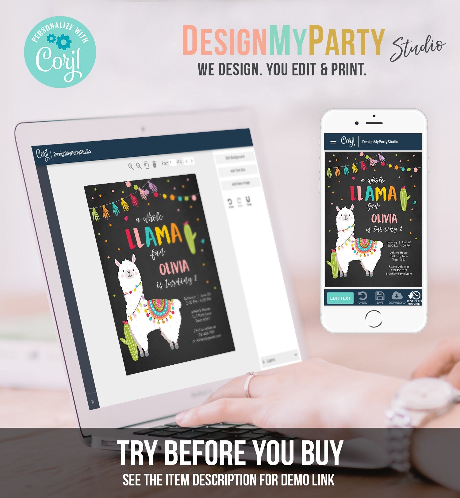 Editable Whole Llama Fun Birthday Invitation Fiesta Mexican Cactus Alpaca Girl Pink Chalk Instant Download Printable Corjl Template 0079