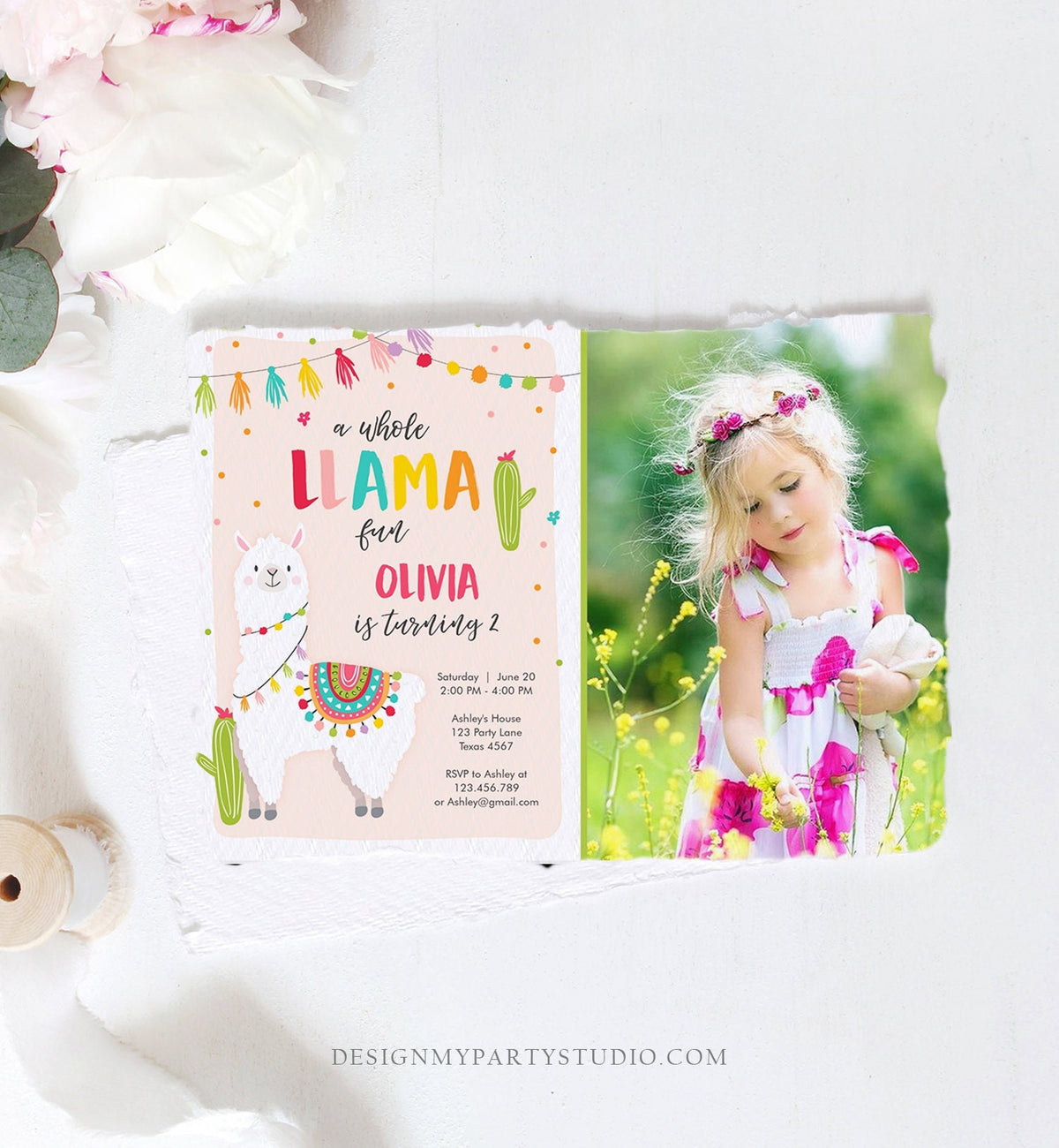 Editable Whole Llama Fun Birthday Invitation Fiesta Mexican Cactus Alpaca Girl Pink Party Digital Download Evite Template Printable 0079