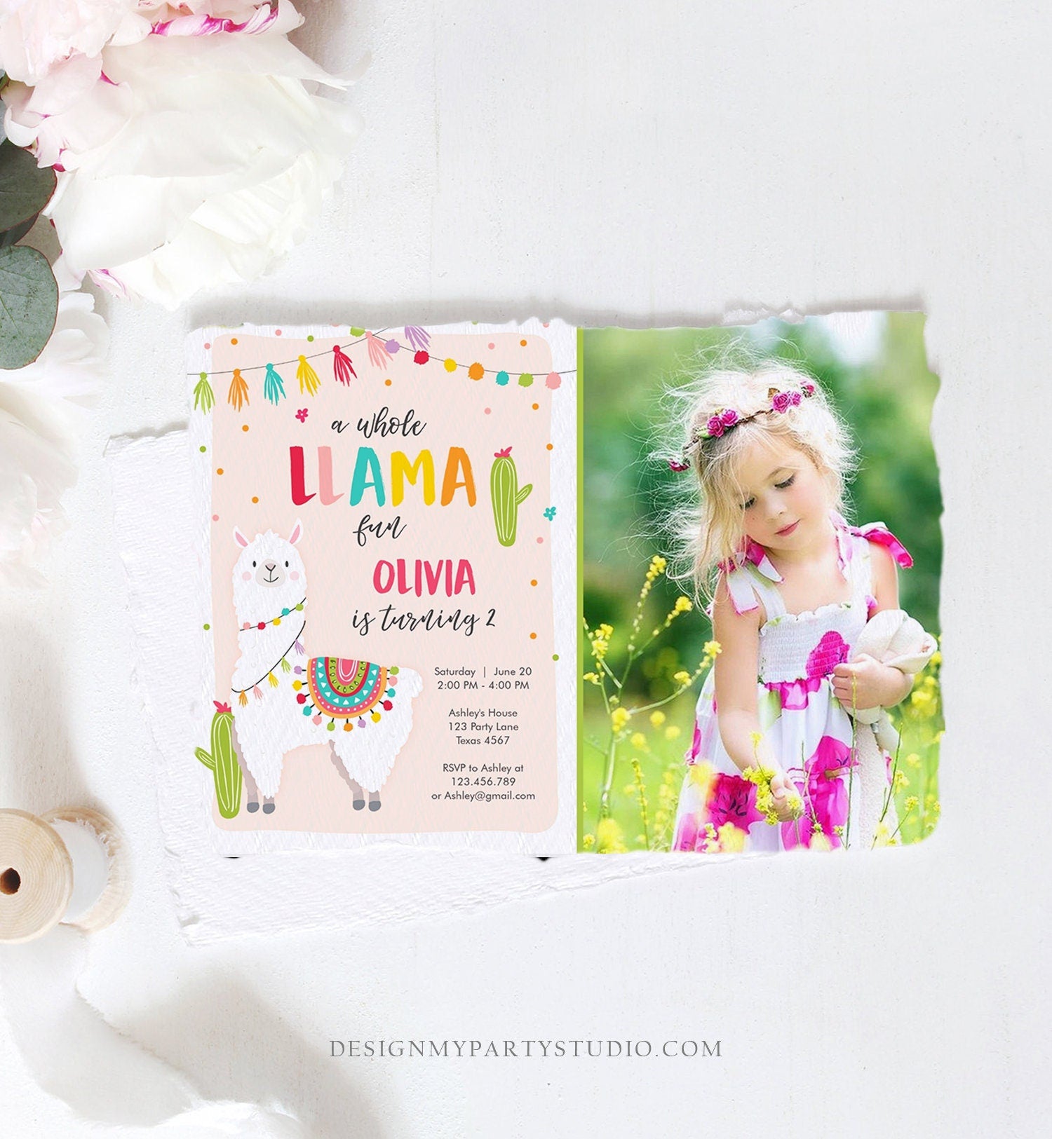 Editable Whole Llama Fun Birthday Invitation Fiesta Mexican Cactus Alpaca Girl Pink Party Digital Download Evite Template Printable 0079