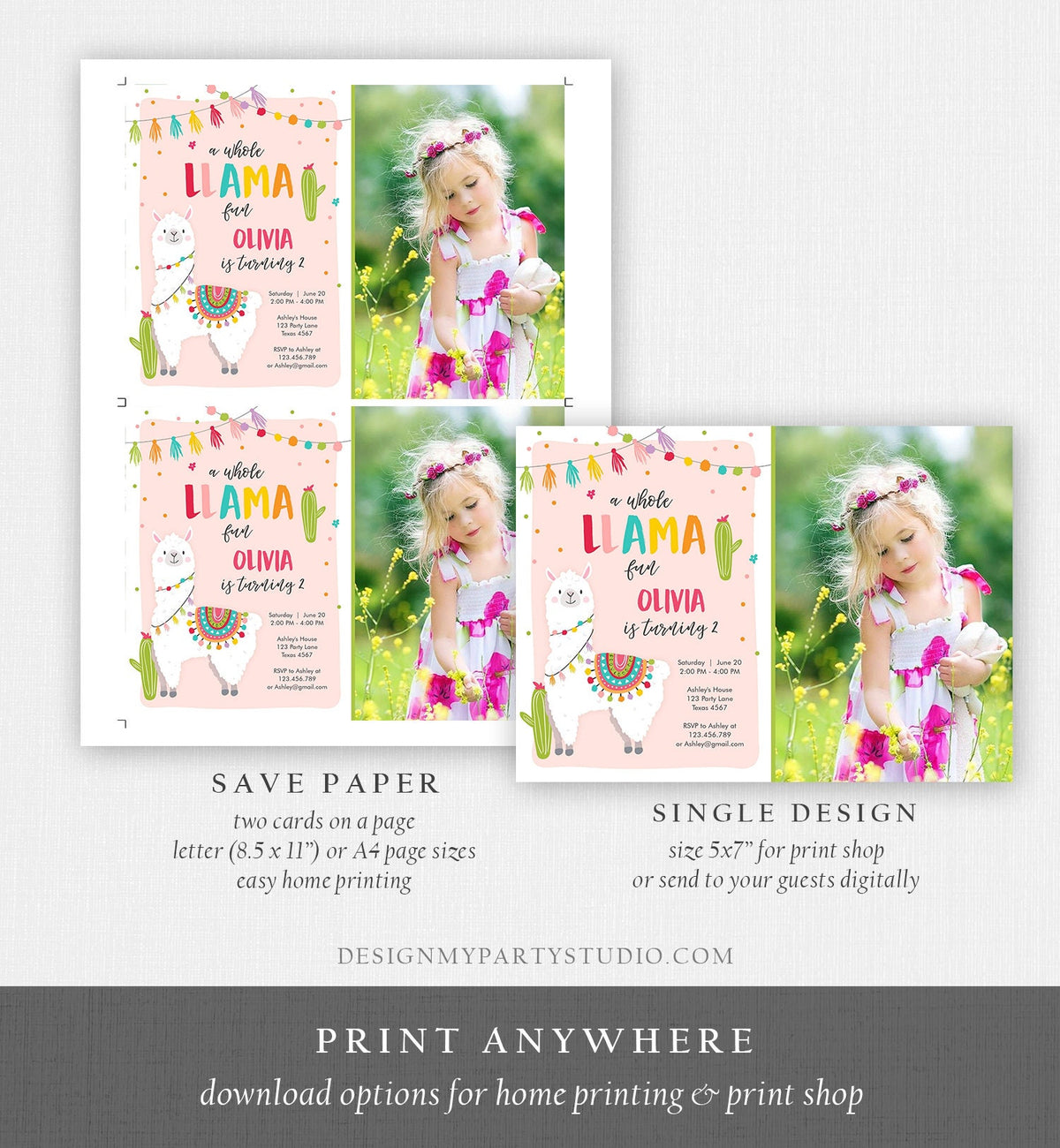 Editable Whole Llama Fun Birthday Invitation Fiesta Mexican Cactus Alpaca Girl Pink Party Digital Download Evite Template Printable 0079