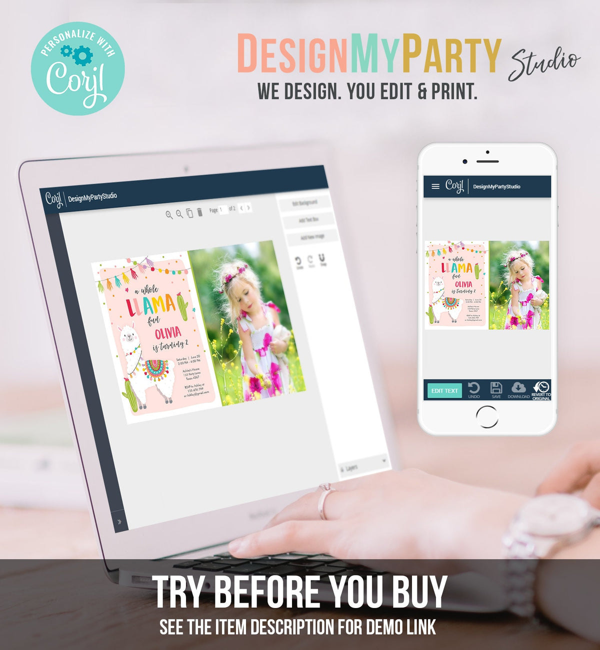 Editable Whole Llama Fun Birthday Invitation Fiesta Mexican Cactus Alpaca Girl Pink Party Digital Download Evite Template Printable 0079