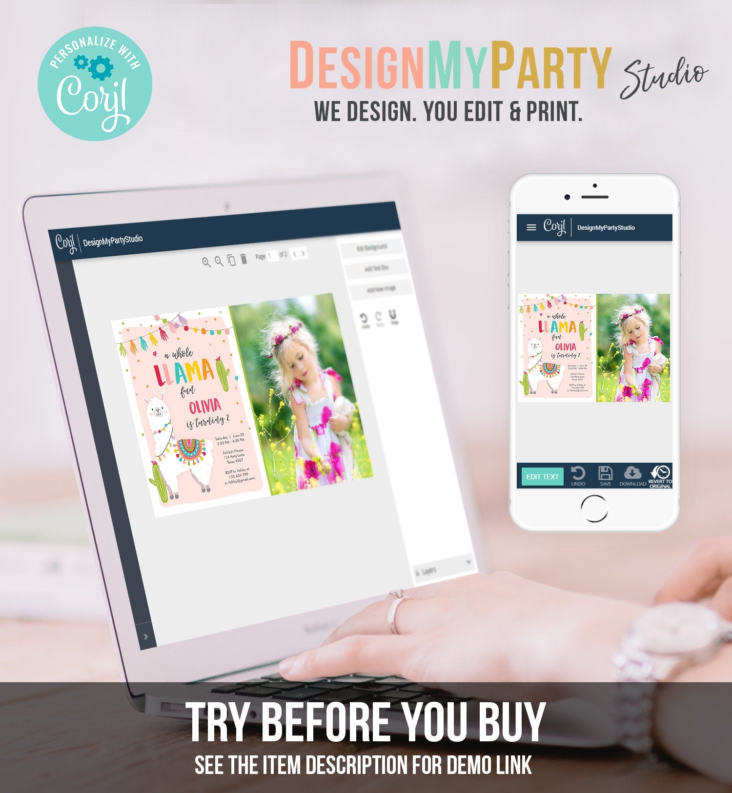 Editable Whole Llama Fun Birthday Invitation Fiesta Mexican Cactus Alpaca Girl Pink Party Digital Download Evite Template Printable 0079