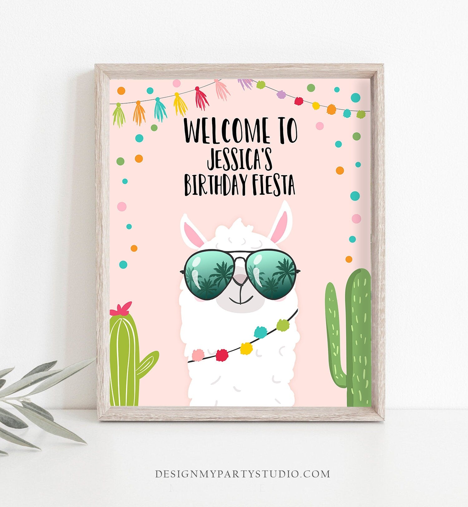 Editable Llama Welcome Sign Sunglasses Birthday Party Whole Llama Alpaca Poster Girl Pink Mexican Fiesta Baby Shower Corjl Template 0079