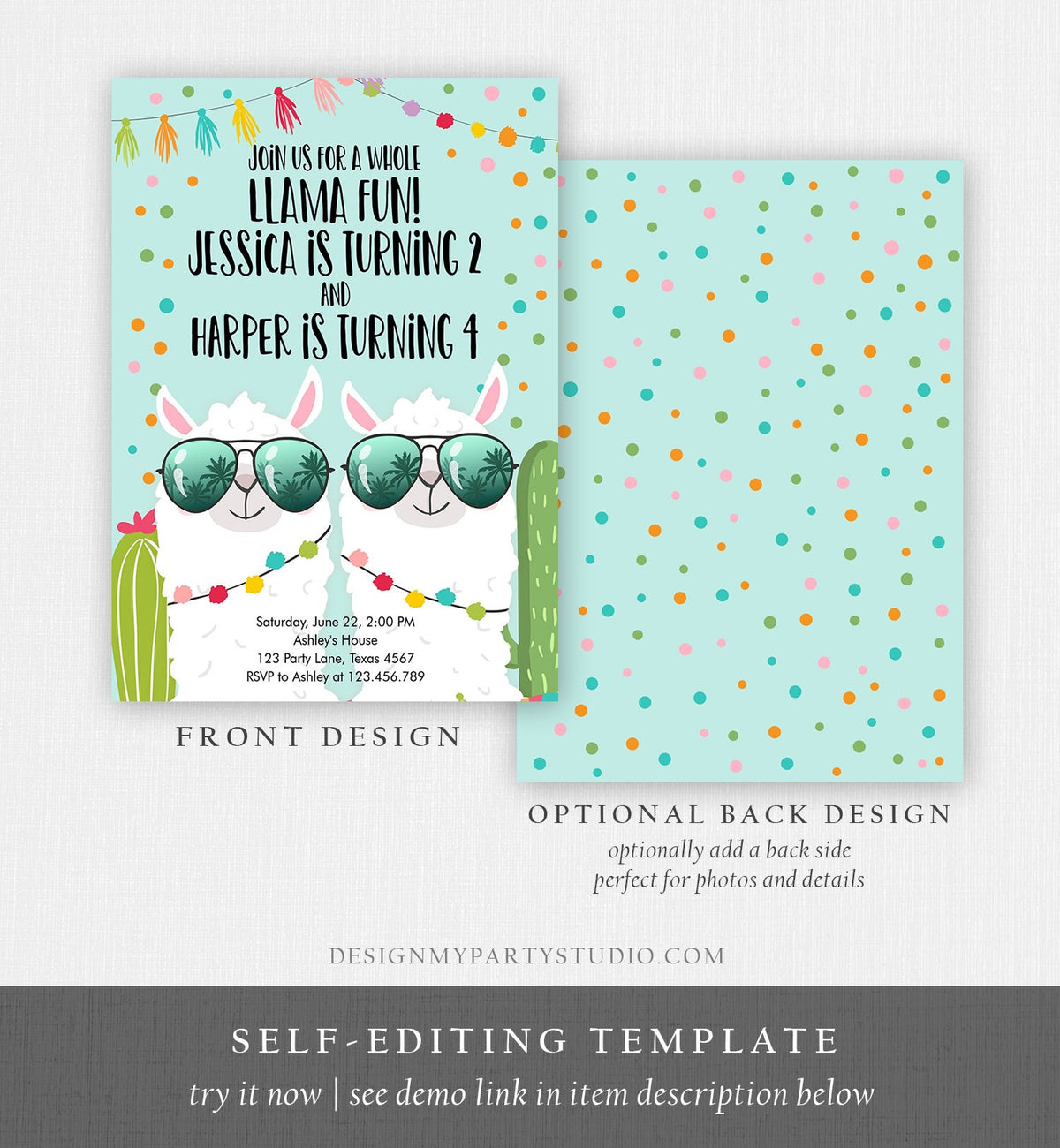 Editable Whole Llama Fun Birthday Invitation Joined Coed Twin Twins Llamas Fiesta Cactus Confetti Boy Blue Alpaca Template Corjl 0079