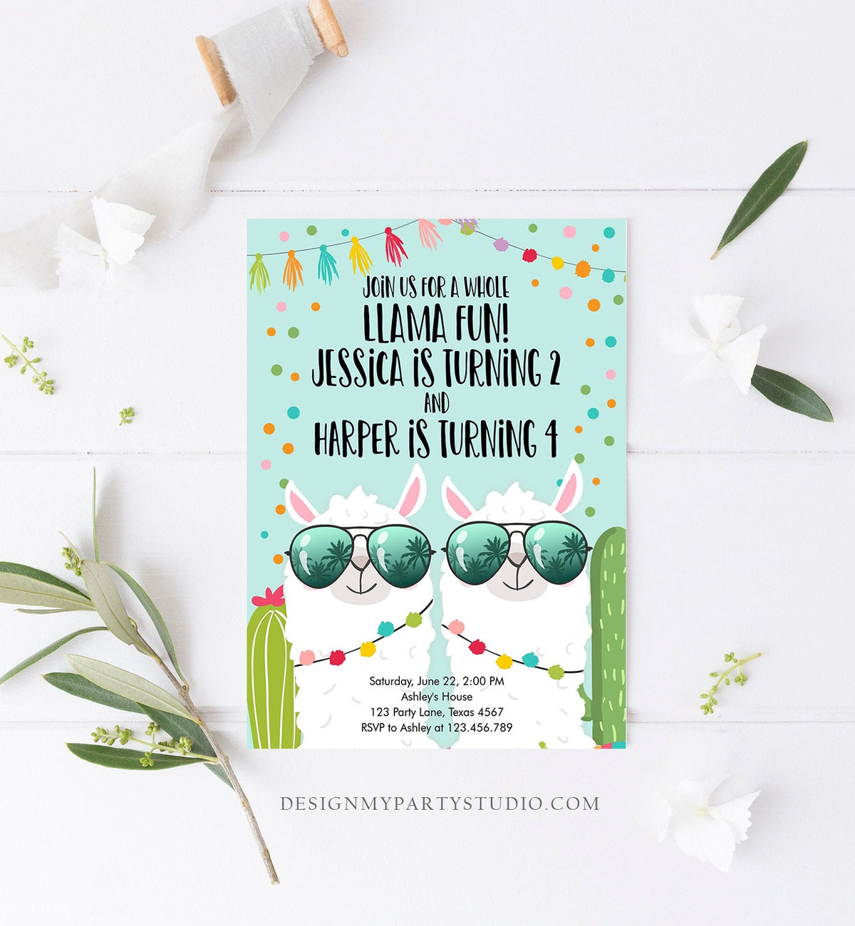 Editable Whole Llama Fun Birthday Invitation Joined Coed Twin Twins Llamas Fiesta Cactus Confetti Boy Blue Alpaca Template Corjl 0079