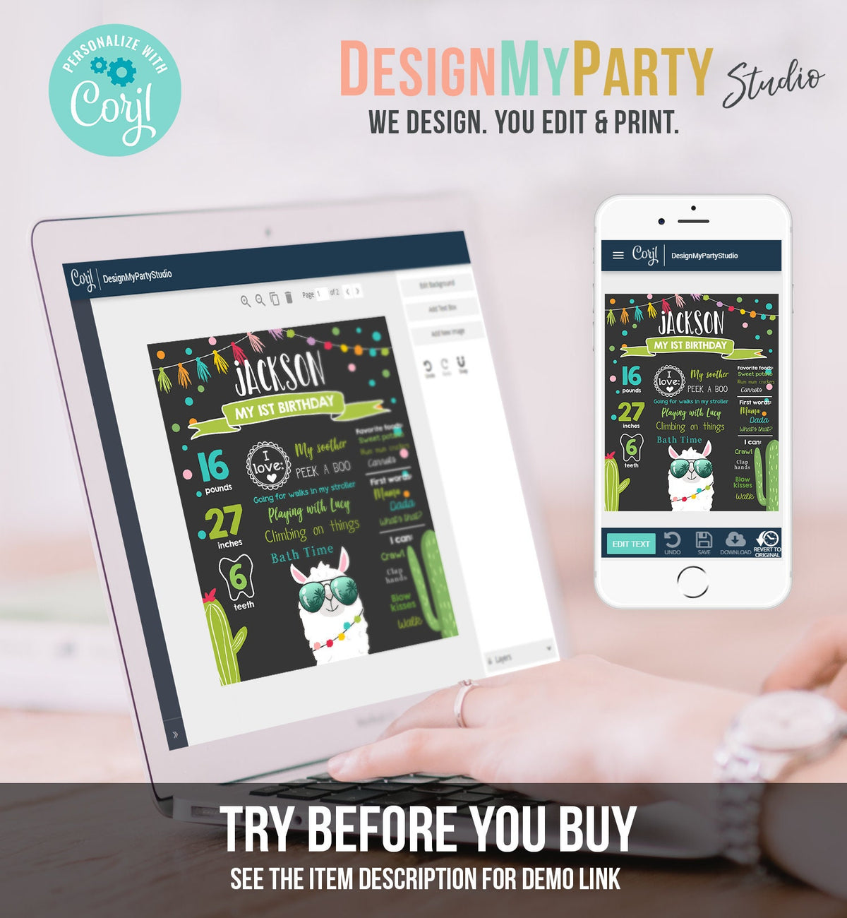 Editable Llama Birthday Milestones Sign Fiesta Mexican Alpaca Boy First Birthday 1st Chalk Instant Download Corjl Template Printable 0079