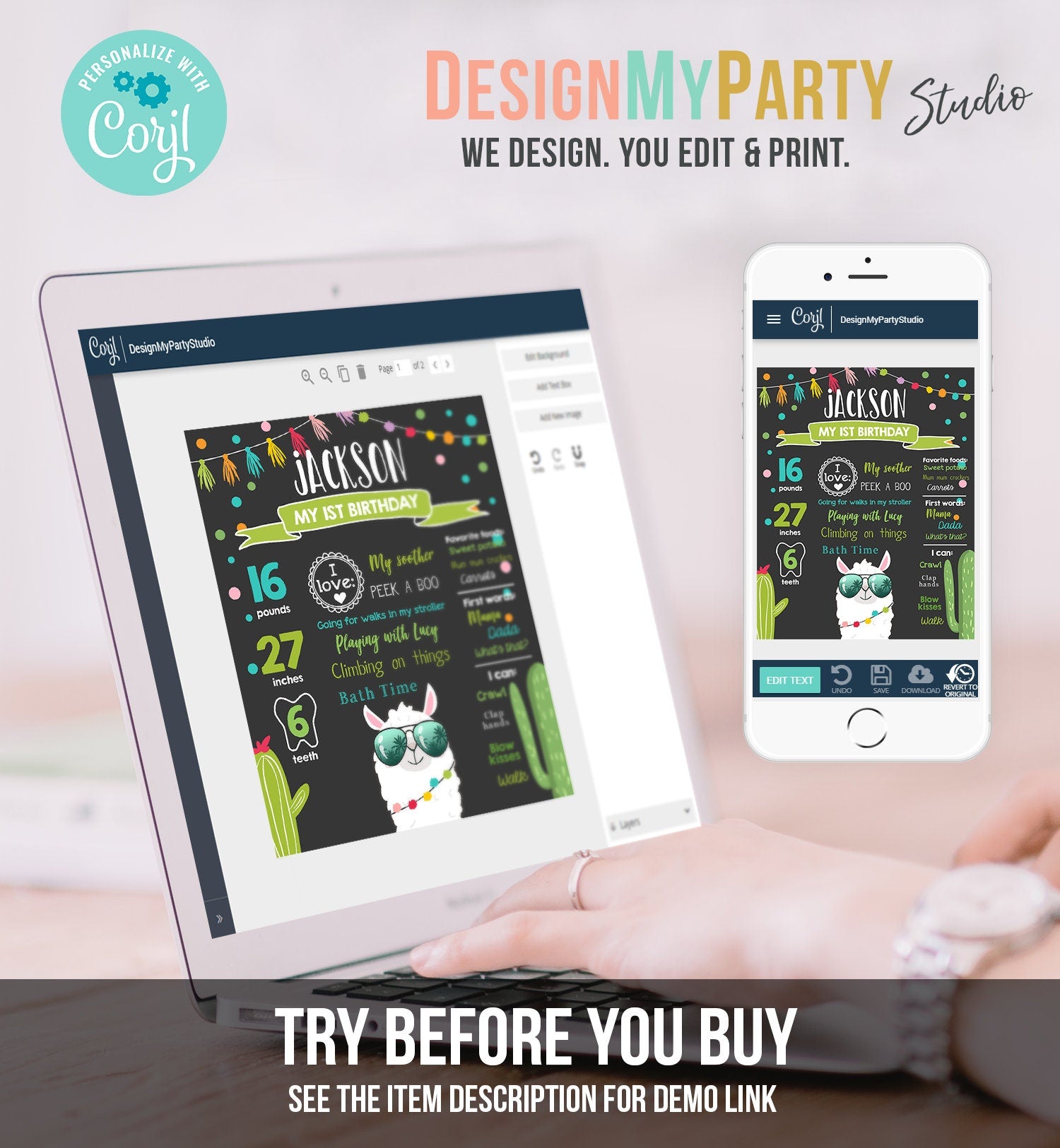 Editable Llama Birthday Milestones Sign Fiesta Mexican Alpaca Boy First Birthday 1st Chalk Instant Download Corjl Template Printable 0079