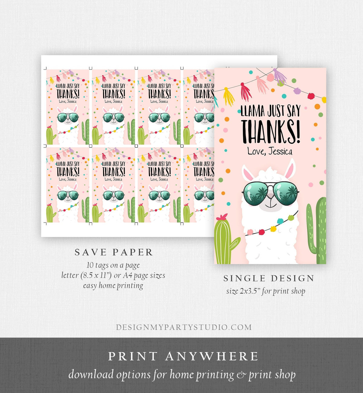 Editable Llama Favor Tags Llama Thank You Tags Fiesta Cactus Alpaca Mexican Llama Party Favor Tags Girl Pink Sunglasses Corjl Template 0079