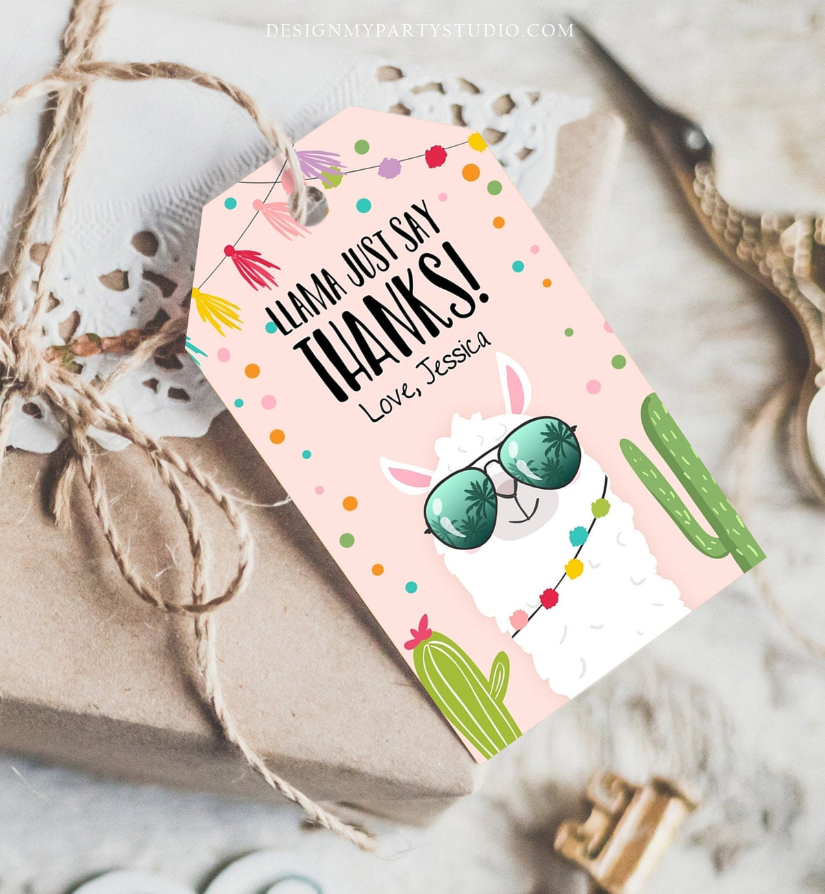 Editable Llama Favor Tags Llama Thank You Tags Fiesta Cactus Alpaca Mexican Llama Party Favor Tags Girl Pink Sunglasses Corjl Template 0079