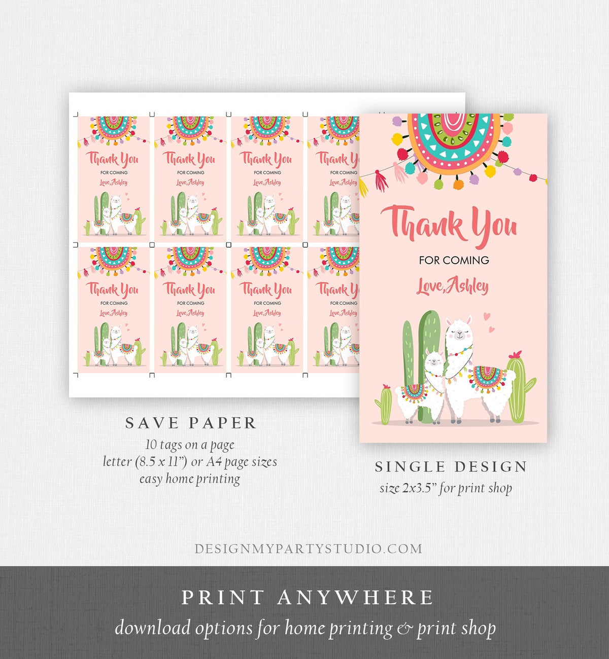 Editable Llama Favor Tags Baby Shower Birthday Llama Thank You Tags Fiesta Cactus Alpaca Mexican Pink Girl Download Corjl Template 0079