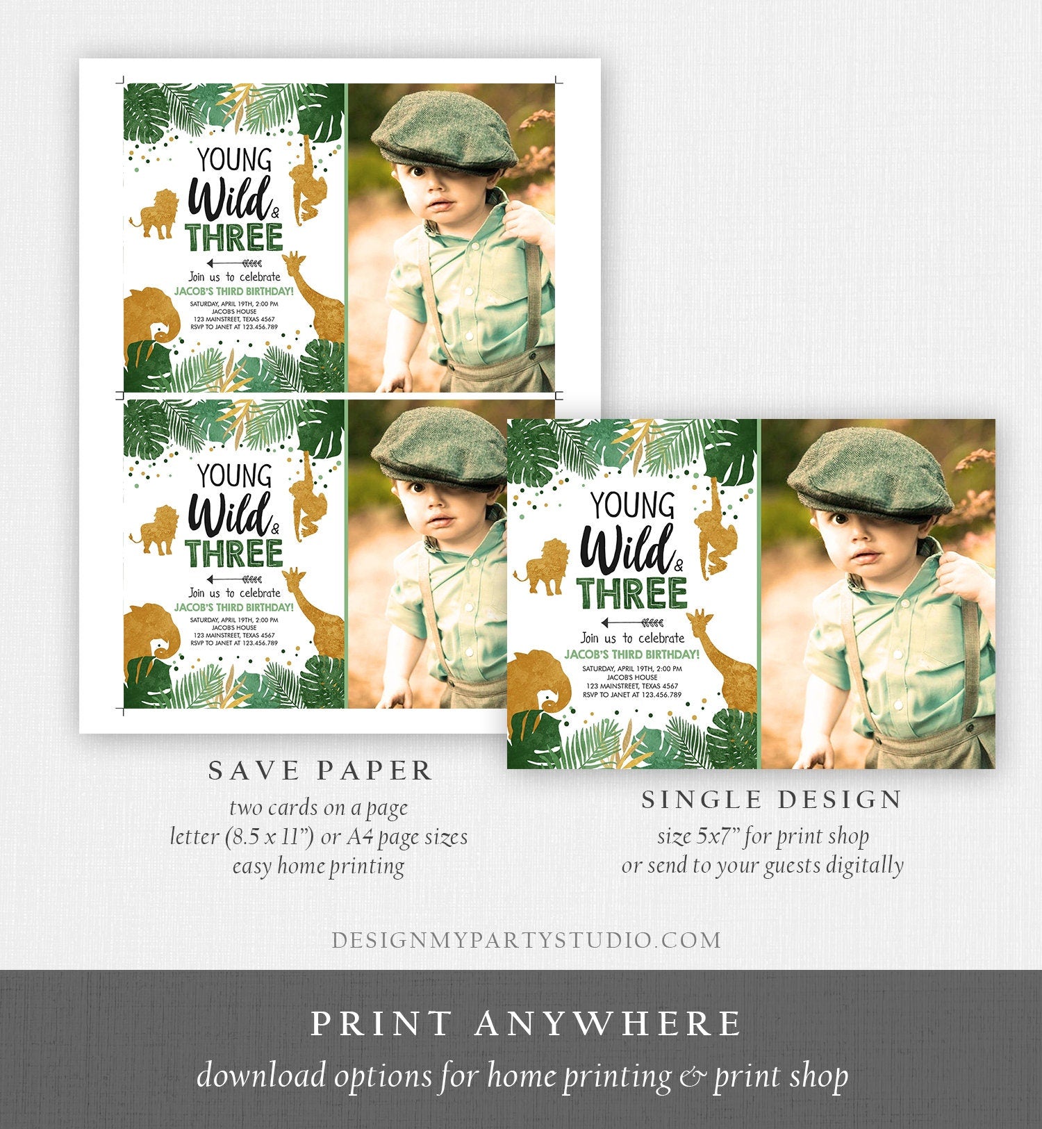 Editable Young Wild and Three Birthday Invitation Safari Animals Zoo Jungle Boy Gold 3rd Birthday Third Digital Template Printable 0016