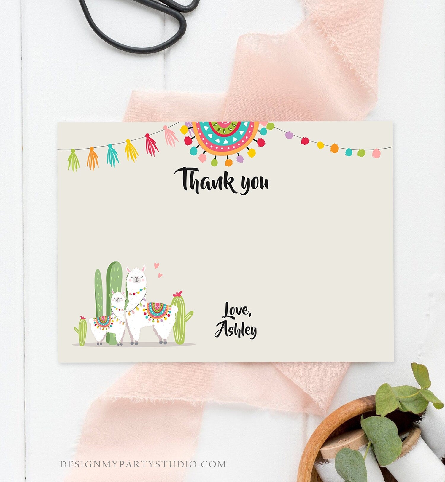 Editable Llama Thank You Card Fiesta Mexican Baby Shower Thank You Note Birthday Cactus Neutral Alpaca Corjl Template Printable 0079