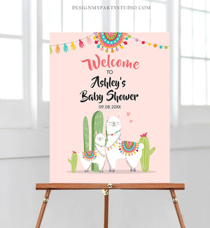 Editable Llama Welcome Sign Llama Baby Shower Welcome Baby Sprinkle Cactus Theme Fiesta Mexican Succulent Pink Girl Corjl Template 0079