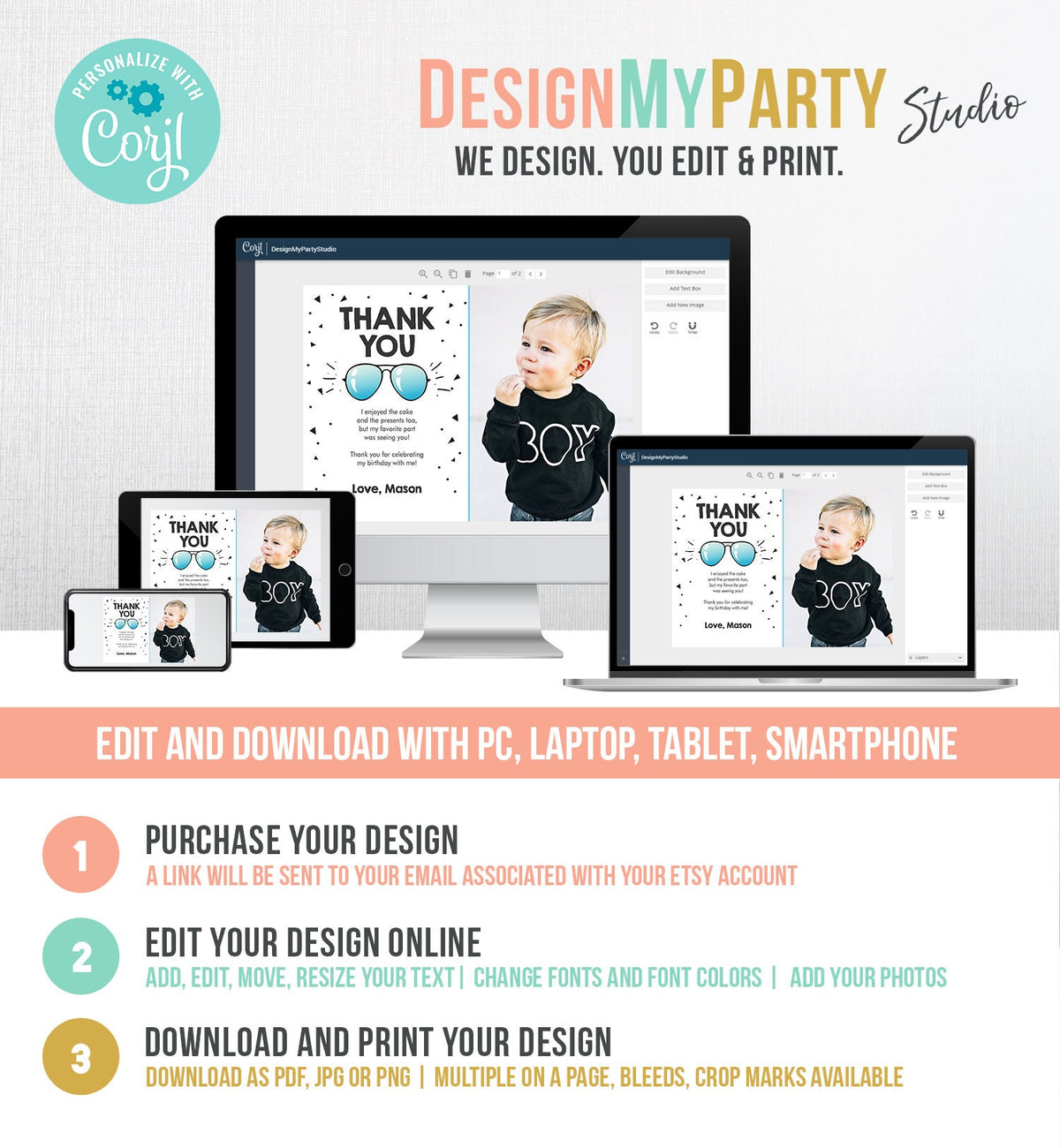 Editable Thank You Card Two Cool Birthday Boy Pilot Sunglasses Second Birthday Party Note 2nd White Photo Digital Template Printable 0136