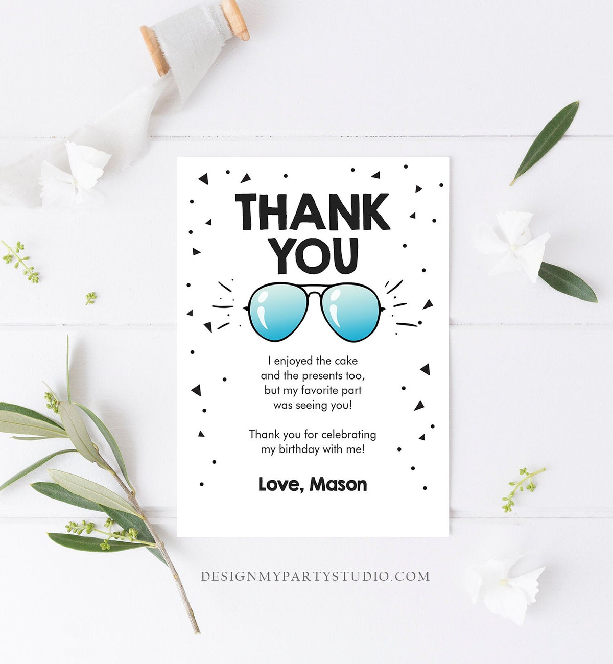 Editable Thank You Card Two Cool Birthday Boy Pilot Sunglasses Second Birthday Party Note 2nd White Photo Corjl Template Printable 0136