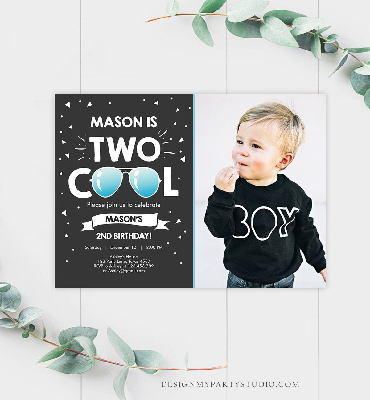 Editable Two Cool Birthday Invitation Boy Second Birthday Party 2nd I&#39;m Two Cool Pilot Sunglasses Photo Digital Template Printable 0136