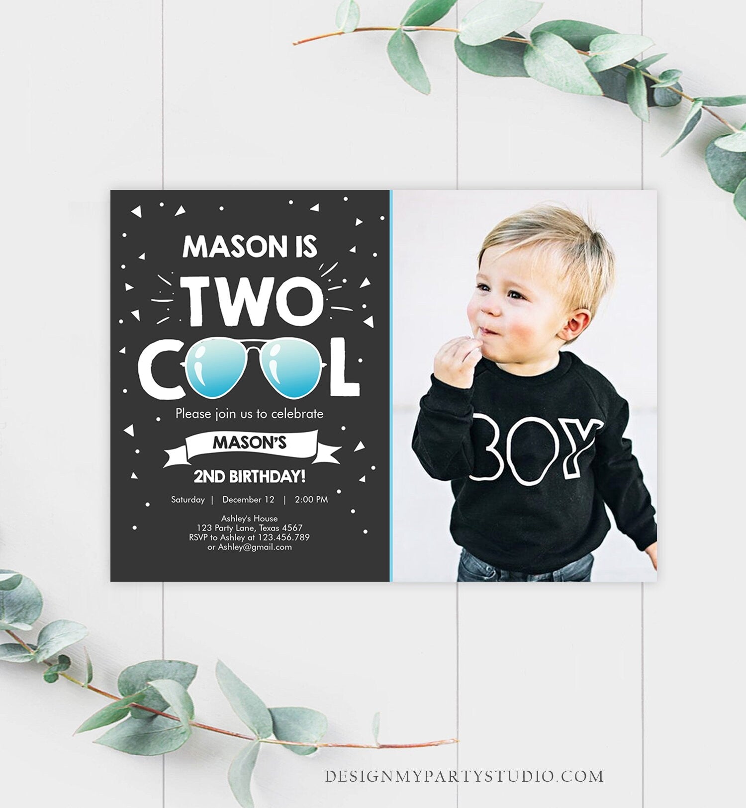 Editable Two Cool Birthday Invitation Boy Second Birthday Party 2nd I'm Two Cool Pilot Sunglasses Chalk Photo Printable Corjl Template 0136