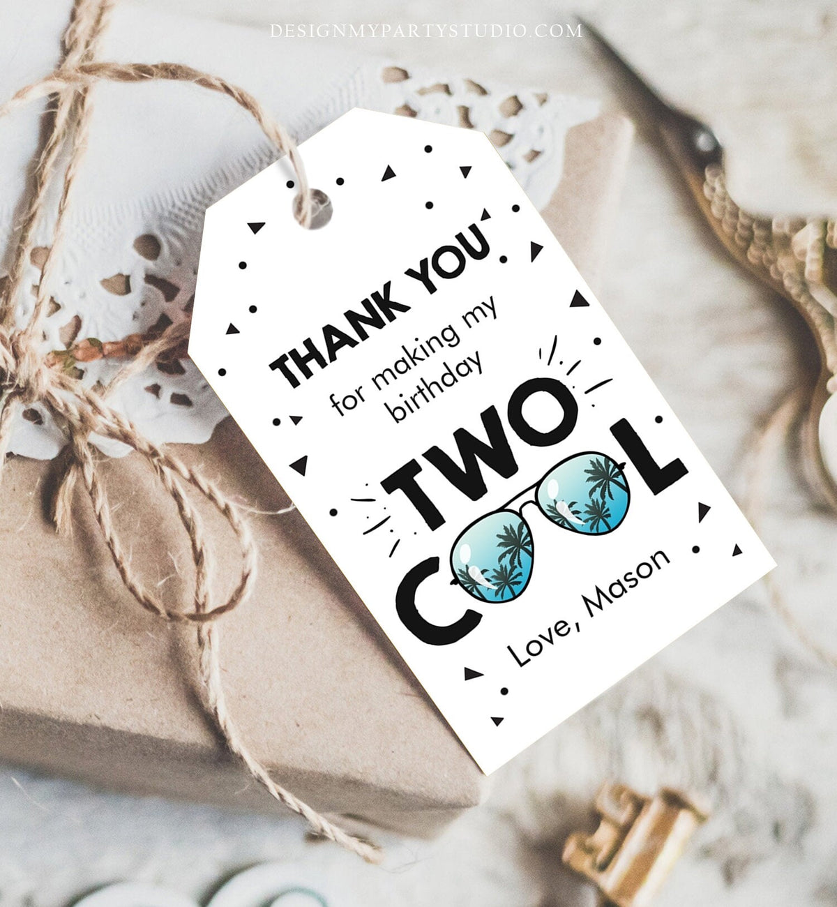 Editable Two Cool Favor Tag Birthday Thank You Tag Boy Second 2nd Birthday Gift Tag Sunglasses Palm Digital Download Template Printable 0136