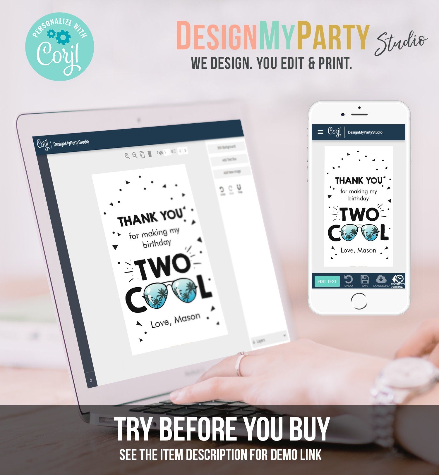 Editable Two Cool Favor Tag Birthday Thank You Tag Boy Second 2nd Birthday Gift Tag Sunglasses Palm Digital Download Template Printable 0136
