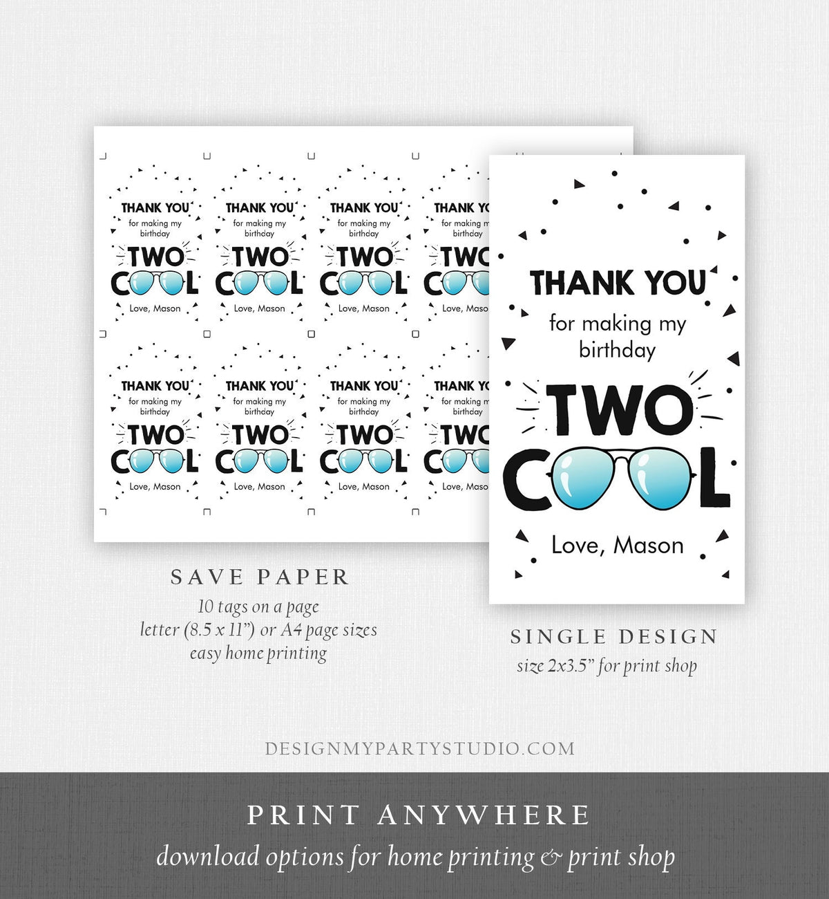 Editable Two Cool Favor Tags Birthday Thank You Tags Boy Second Birthday 2nd Gift Tags Sunglasses Pilot Digital Template Printable 0136