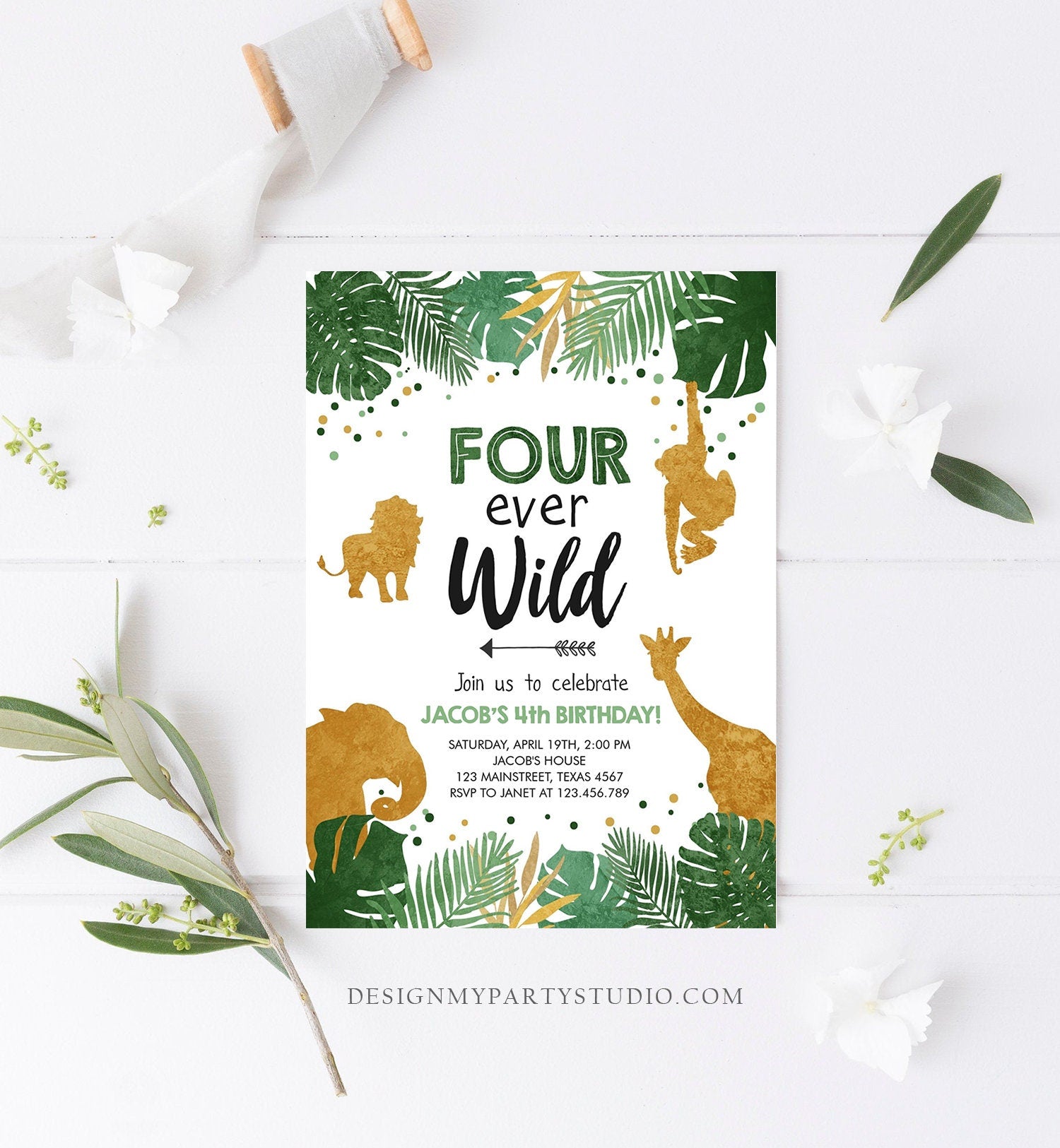 Editable Fourever Wild Birthday Invitation Safari Animals Zoo Jungle Party Gold Boy Fourth Birthday 4th Four Ever Wild Corjl Template 0016