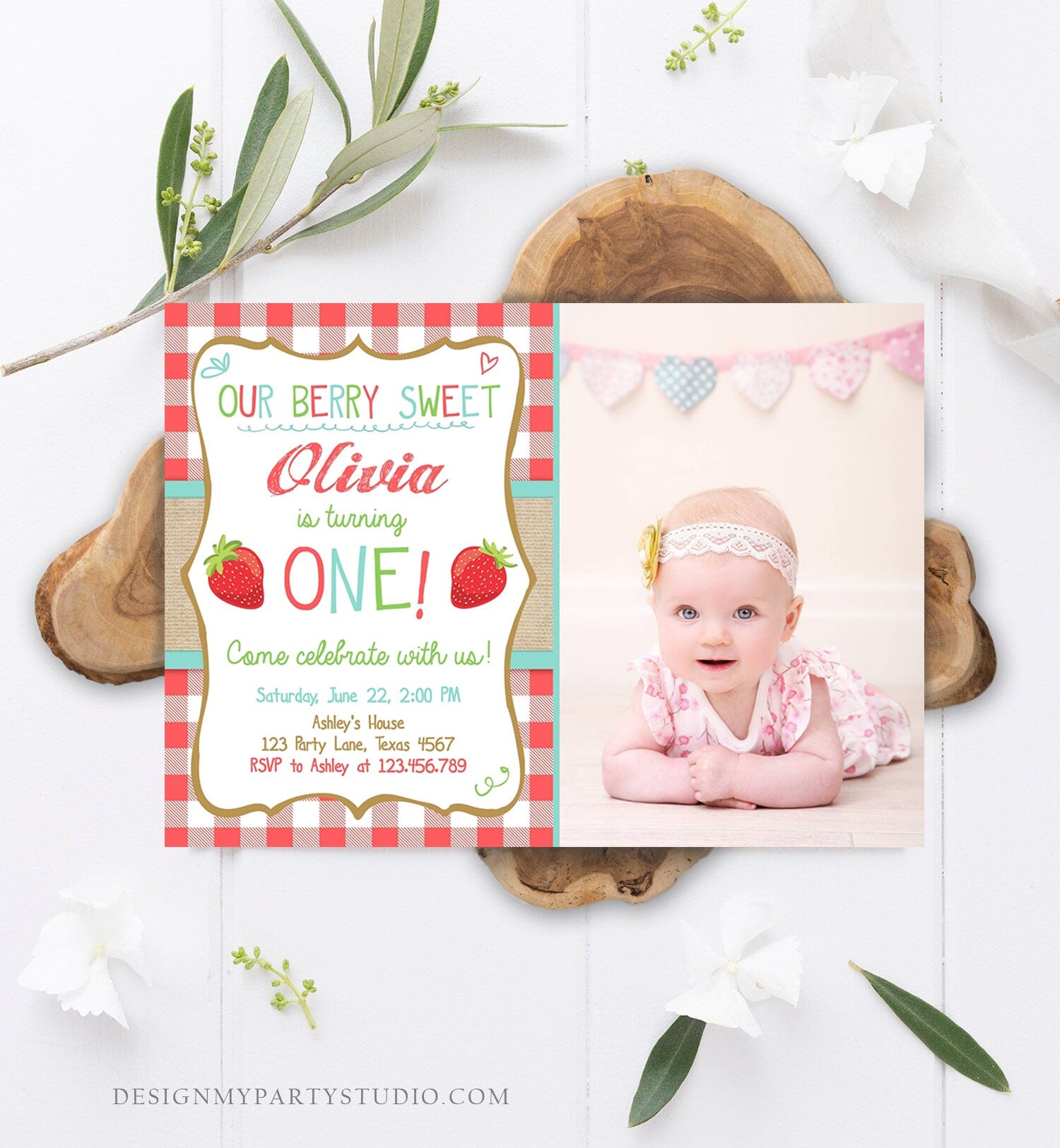 Editable Strawberry Birthday Invitation 1st Birthday Berry Sweet Girl Blue Red Download Printable Invite ANY AGE Template Corjl Digital 0091