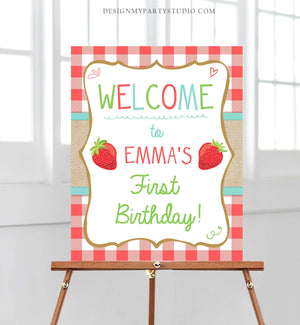 Editable Strawberry Welcome Sign Strawberry Birthday Party Welcome Farmers Market Girl Summer Red Blue Berry Template PRINTABLE Corjl 0091