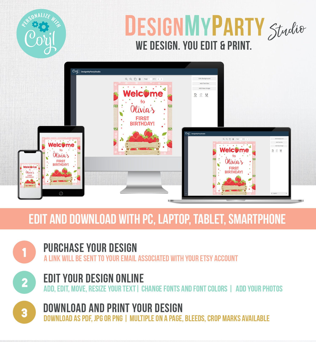 Editable Strawberry Welcome Sign Strawberry Birthday Party Welcome Farmers Market Girl Summer Fruit Berry Digital Template Printable 0091