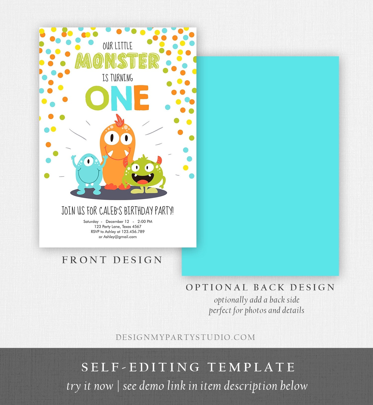 Editable Little Monster Birthday Invitation First Birthday Party Monsters Boy Confetti 1st Orange Blue One Printable Corjl Template 0058