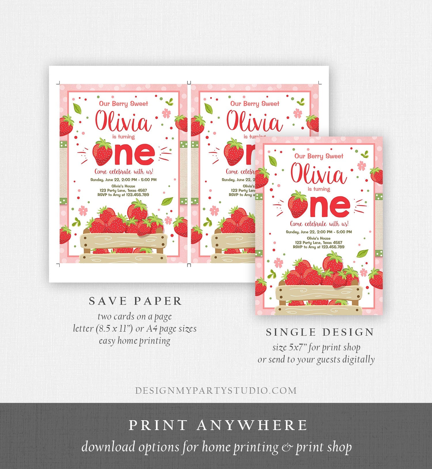 Editable Strawberry Birthday Invitation Girl First Birthday Berry Sweet Strawberries Pink Digital Download Evite Template Printable 0091