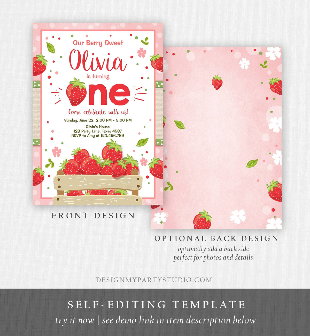 Editable Strawberry Birthday Invitation Girl First Birthday Berry Sweet Strawberries Pink Digital Download Evite Template Printable 0091