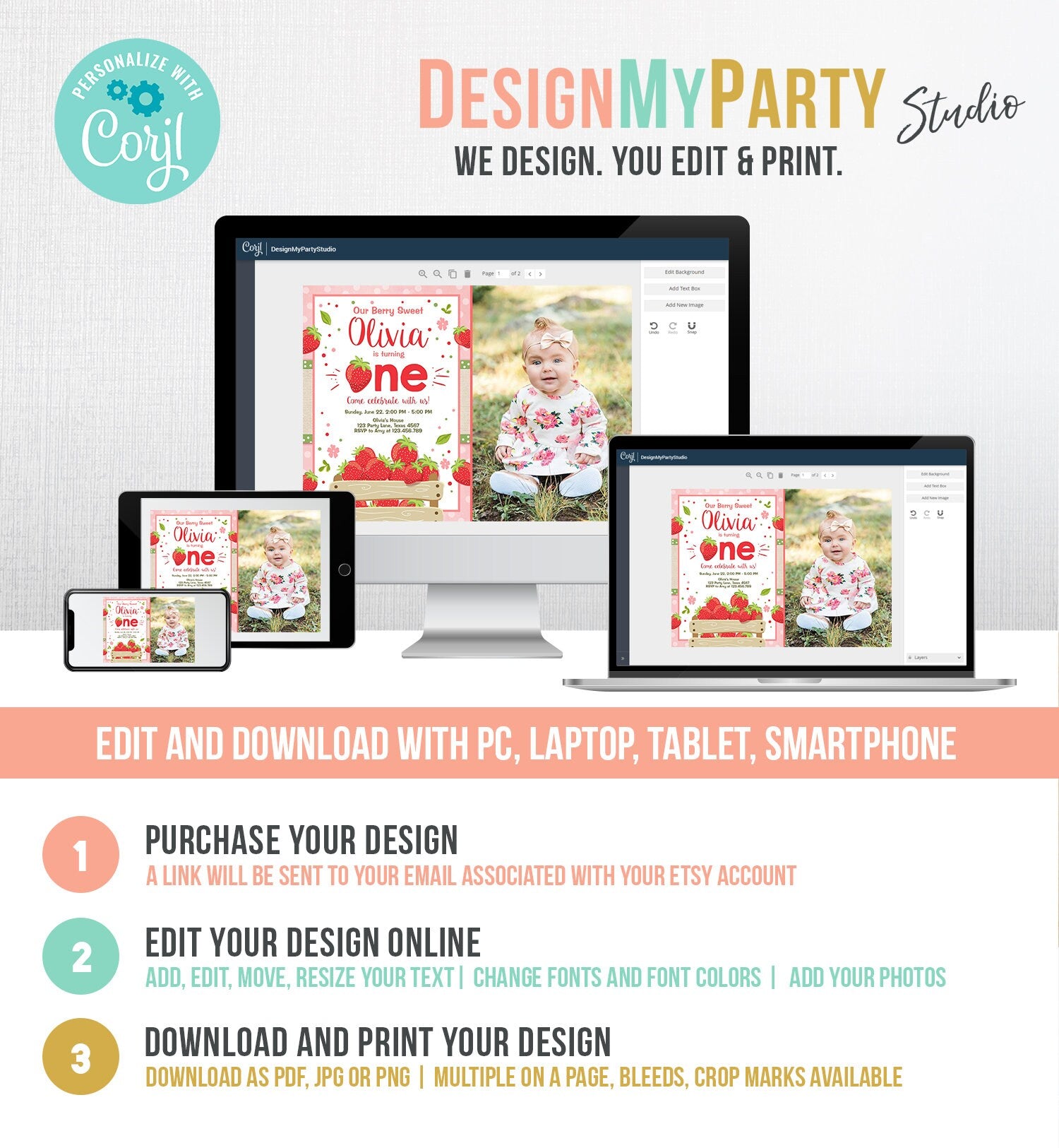 Editable Strawberry Birthday Invitation Girl First Birthday Berry Sweet Strawberries Pink Digital Download Evite Template Printable 0091