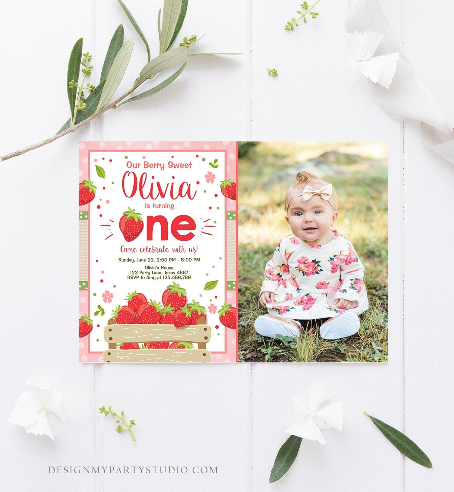 Editable Strawberry Birthday Invitation Girl First Birthday Berry Sweet Strawberries Pink Digital Download Evite Template Printable 0091