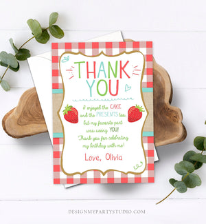 Editable Strawberry Thank You Card Birthday Strawberry Birthday Farmers Market Girl Berry Sweet Download Printable Template Corjl 0091
