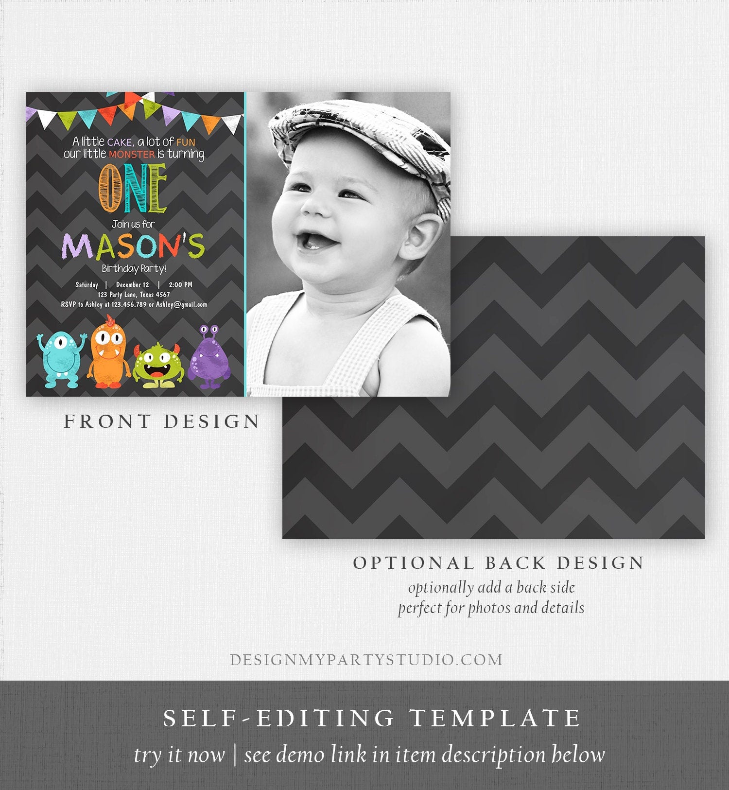 Editable Little Monster Birthday Invitation Boy First Birthday Party 1st Monsters Monster Bash Digital Template Evite Printable 0058