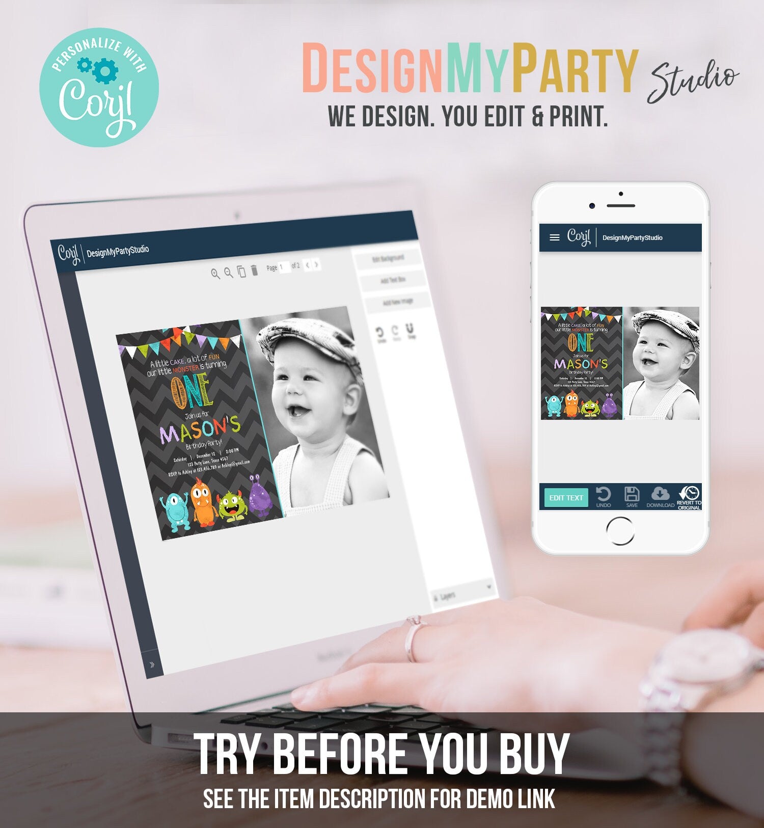 Editable Little Monster Birthday Invitation Boy First Birthday Party 1st Monsters Monster Bash Digital Template Evite Printable 0058