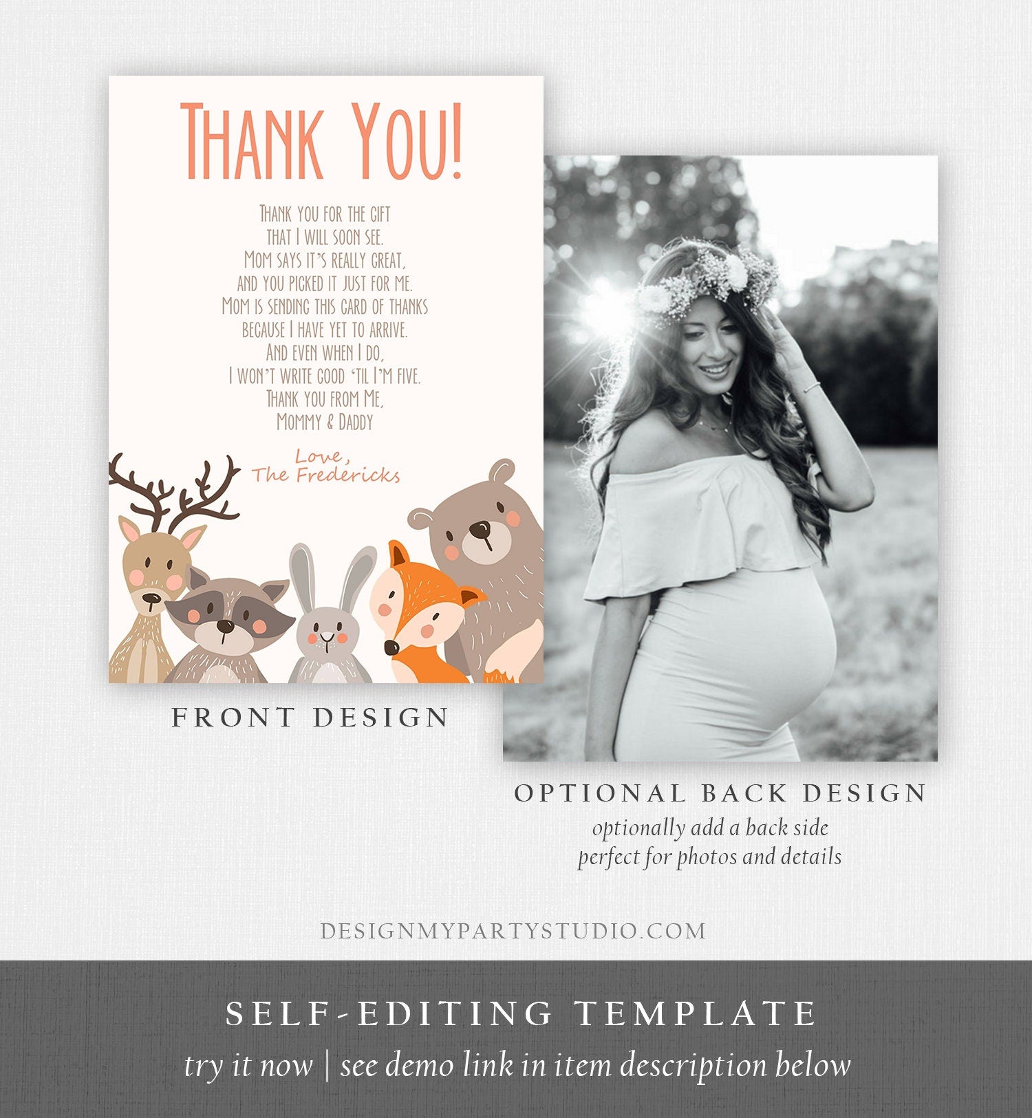 Editable Baby shower Thank you note Woodland Thank You Rustic Cute Animals Forest Gender Neutral Template Instant Download Corjl 0010