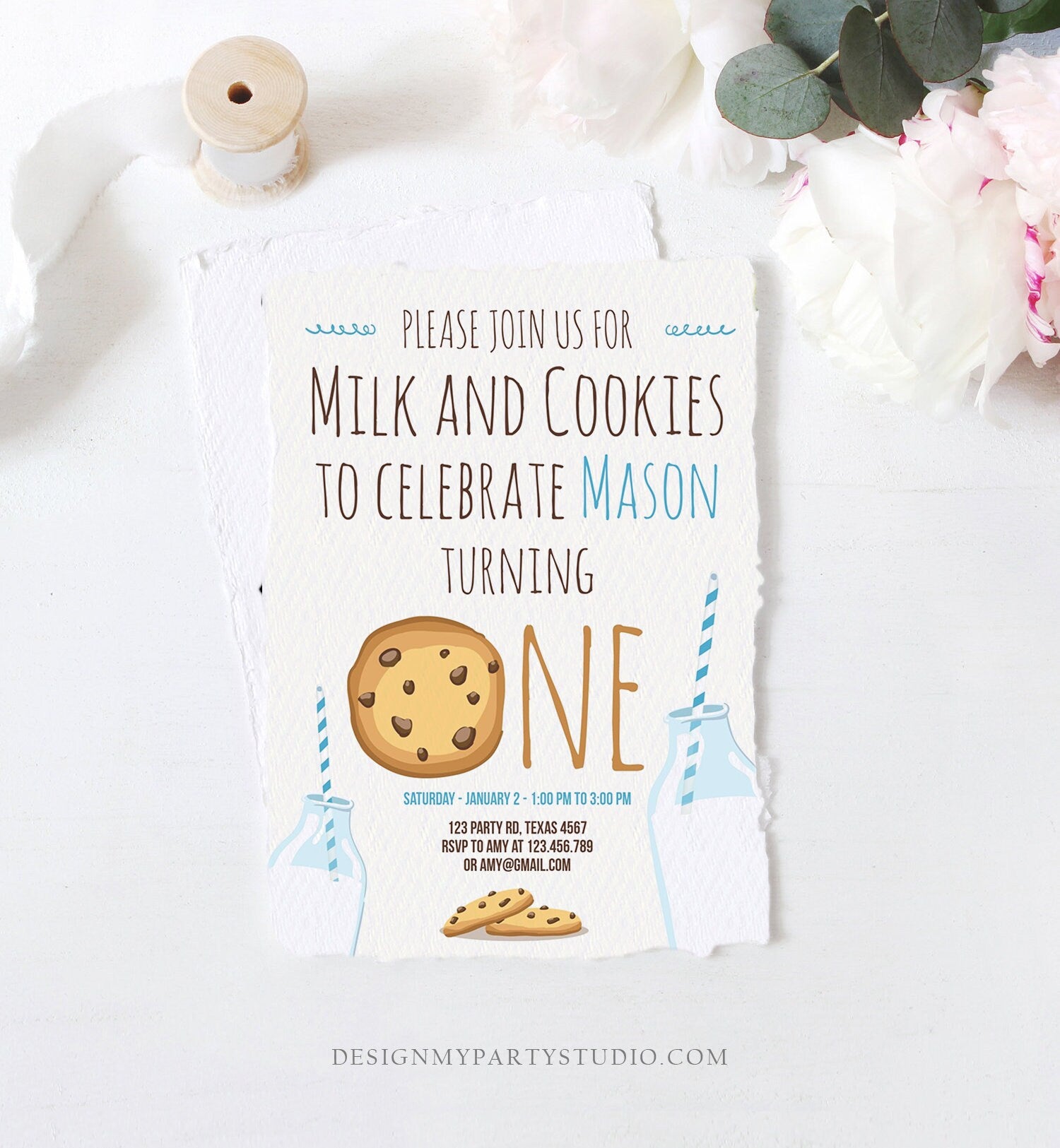 Editable Milk and Cookies Birthday Invitation Boy Birthday Party Blue First 1st Birthday Digital Download Evite Template Printable 0088