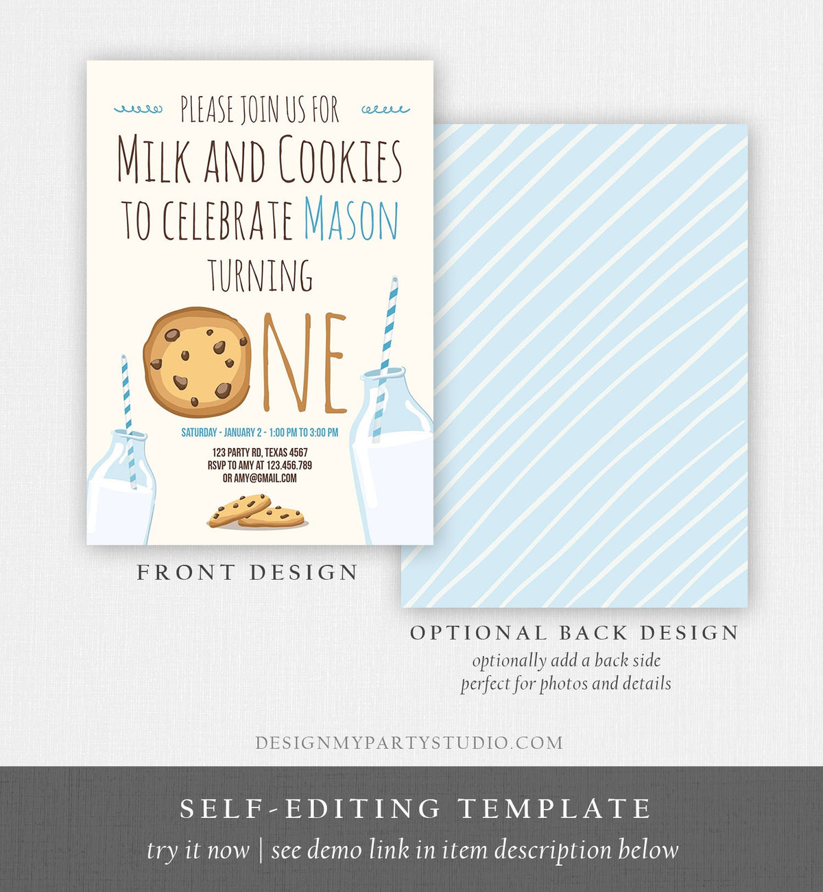 Editable Milk and Cookies Birthday Invitation Boy Birthday Party Blue First 1st Birthday Digital Download Evite Template Printable 0088
